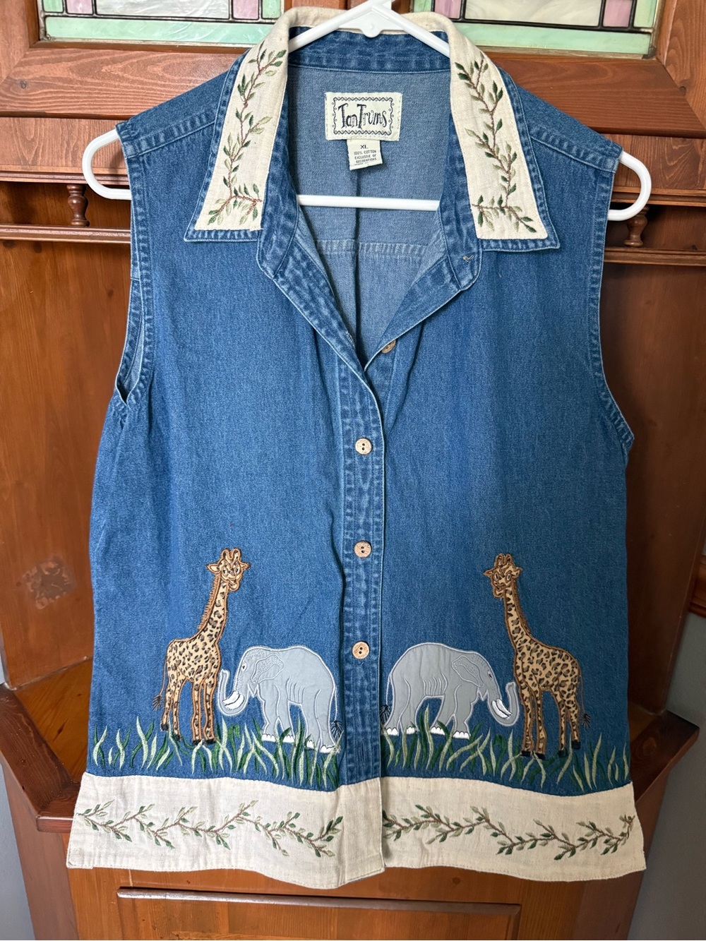 VTG 90s Tantrums cotton Embroidered Safari Animal Denim Vest - Giraffe & Elephan